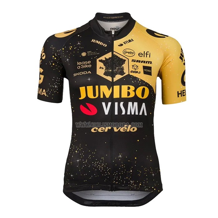 2023 Ropa Ciclismo Mujer Jumbo Visma Negro AMarillo Mangas Cortas y Culotte Corto